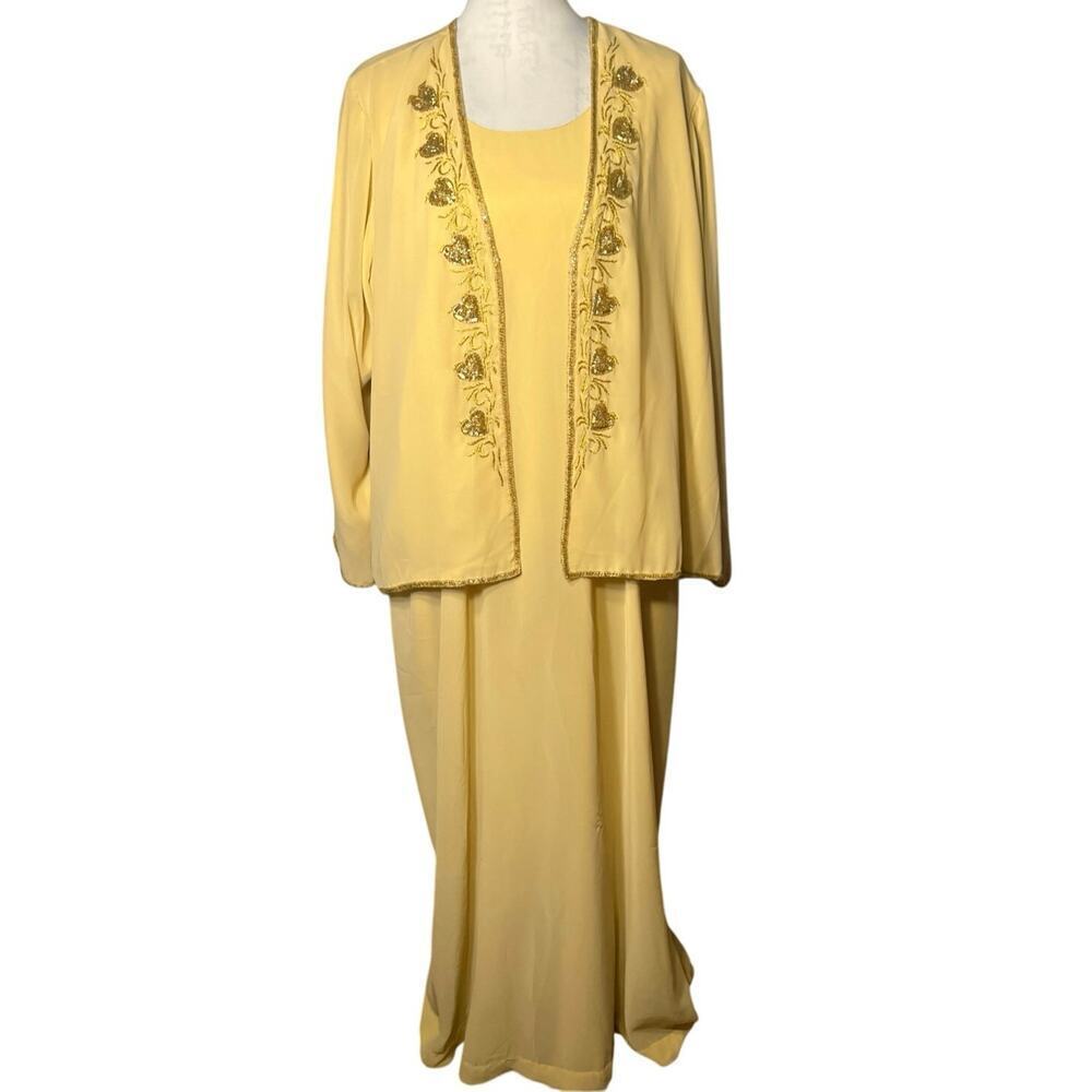 Creative touch ladies 1X yellow chiffon sequin‎ beaded maxi dress jacket Vintage